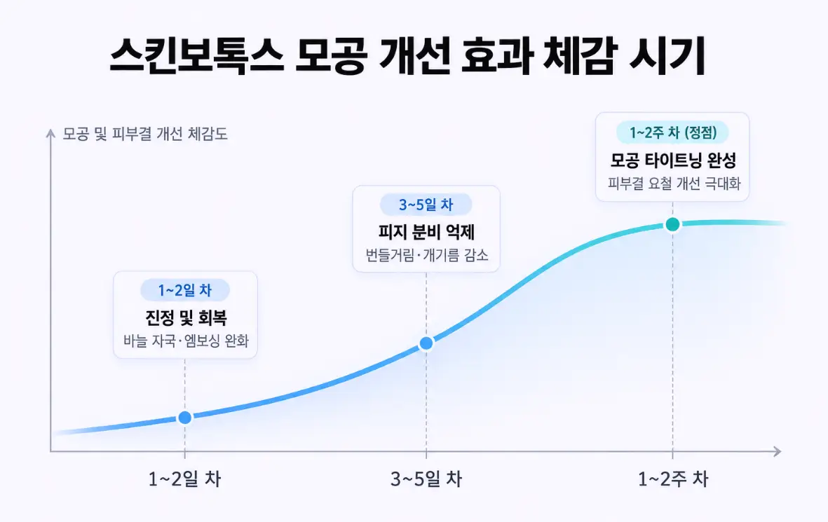 스킨보톡스 시술 후 시간 경과에 따른 모공 타이트닝·개선 효과 타임라인 그래프