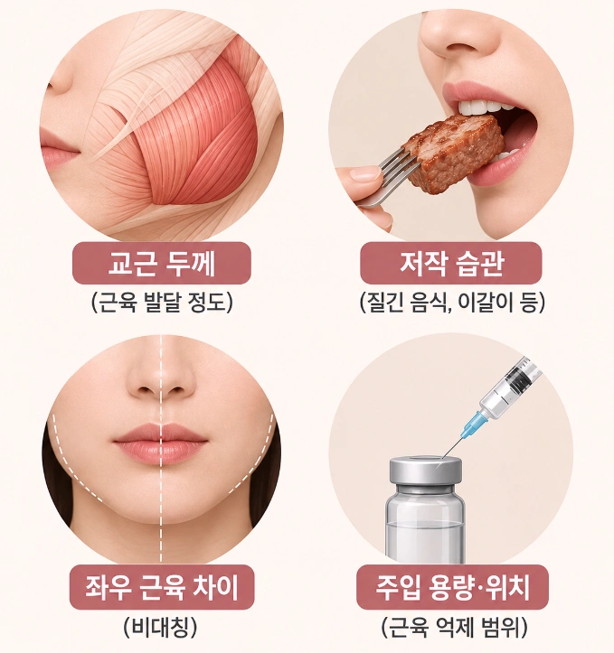 사각턱 보톡스 효과에 영향을 주는 교근 두께와 저작 습관, 좌우 근육 차이, 주입 용량 및 위치를 나타낸 4분할 인포그래픽