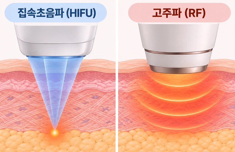 집속초음파(HIFU)와 고주파(RF)의 피부 속 에너지 전달 범위와 열 발생 방식을 비교한 피부 단면도