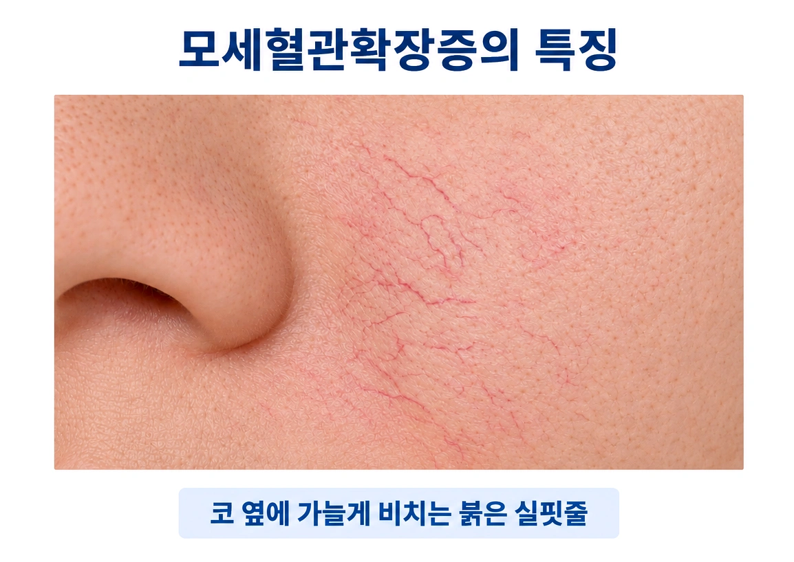코 옆과 볼에 가느다란 붉은 실핏줄이 나타나는 모세혈관확장증의 특징