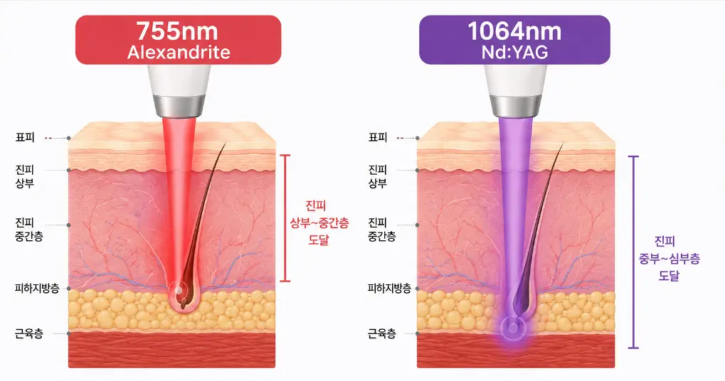 755nm와 1064nm 파장의 피부 도달 깊이