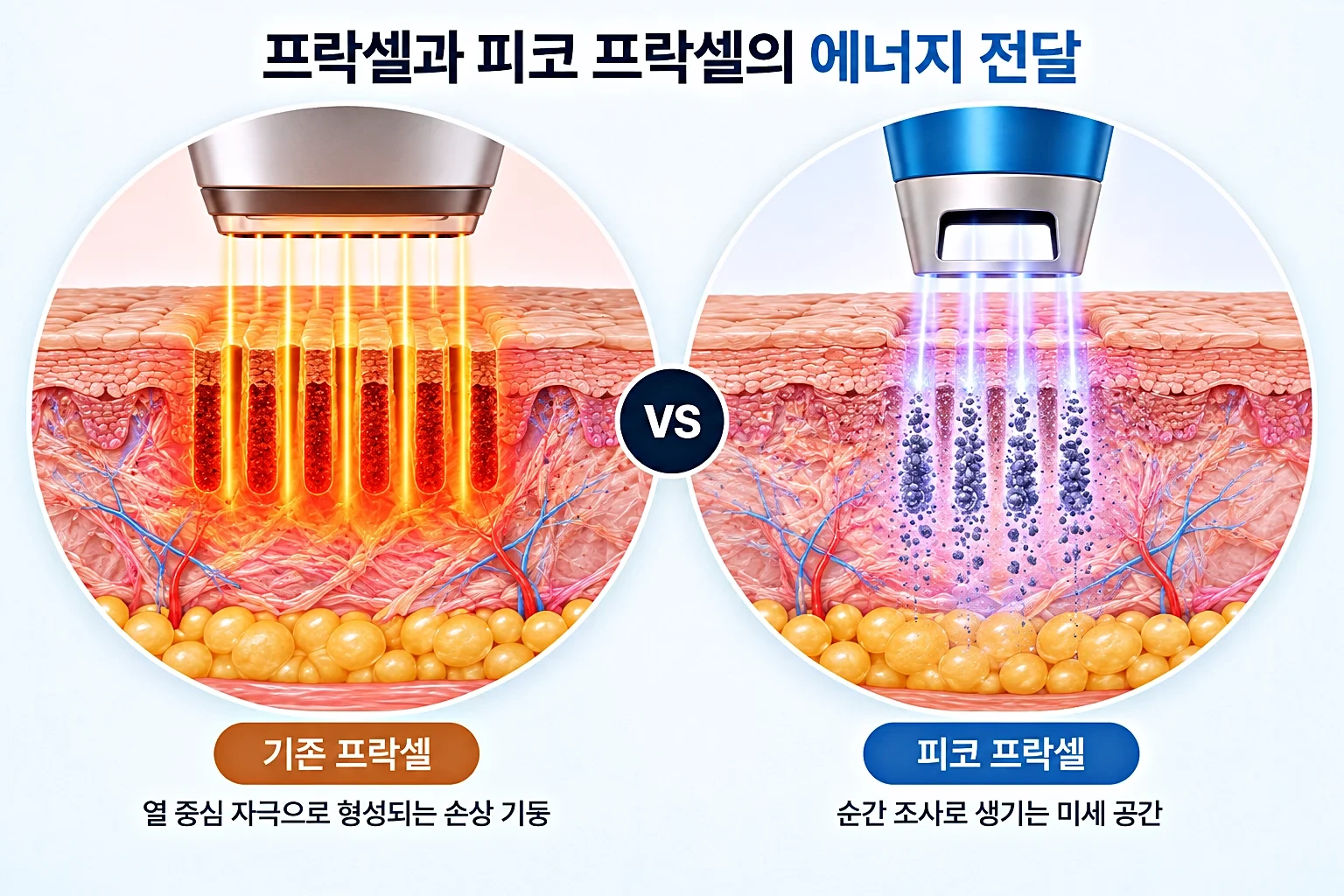 열 손상 기둥과 순간 조사로 생긴 미세 공간을 동일 배율로 비교한 레이저 전달 방식 개념도