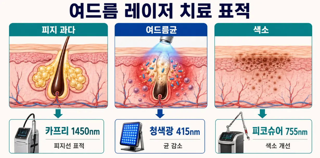 카프리 1450nm 피지선 억제와 청색광 415nm 살균 및 피코슈어 755nm 색소 개선을 나타낸 여드름 치료 레이저 표적 인포그래픽