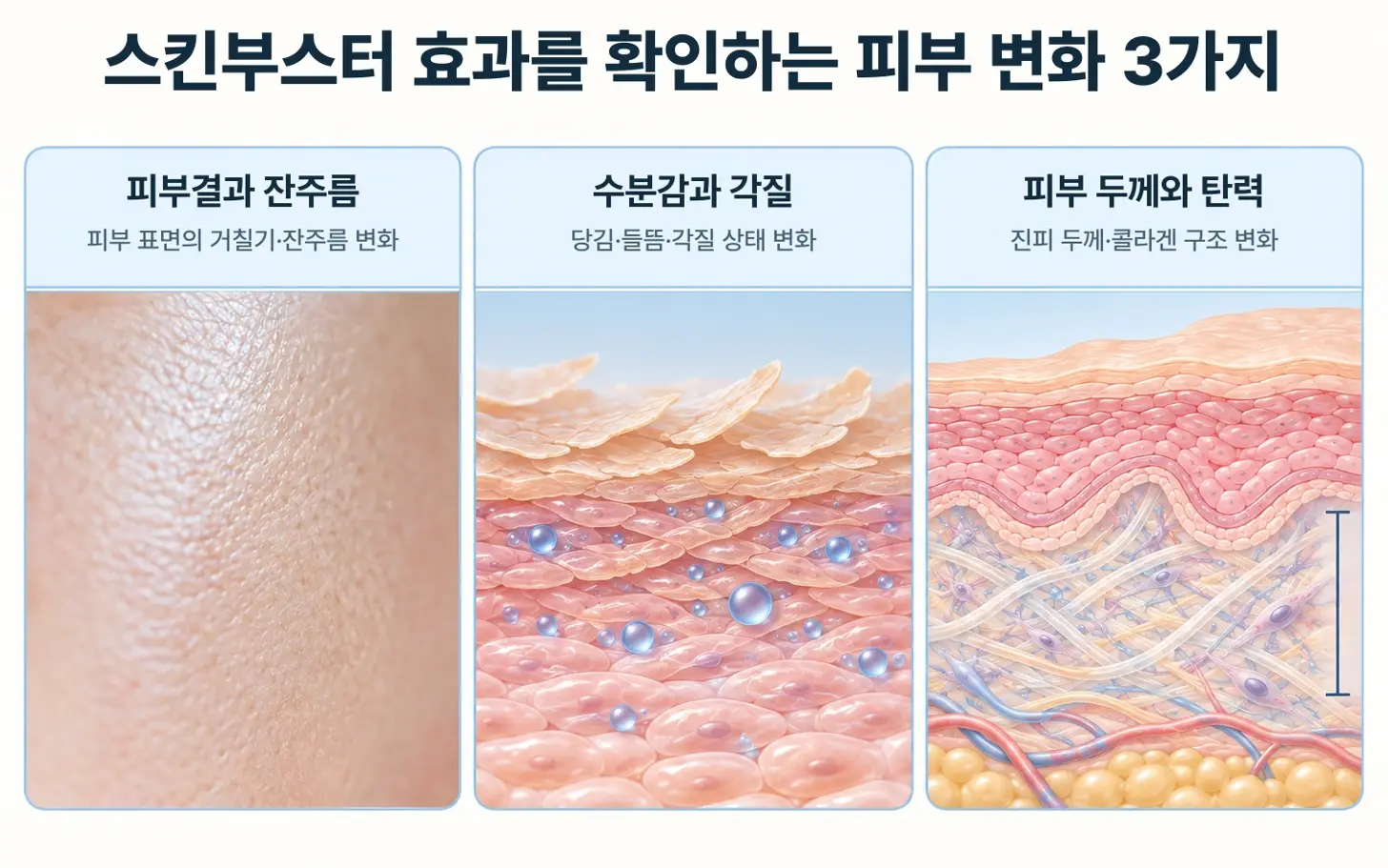 피부결과 잔주름, 수분감과 각질, 진피 두께와 탄력 변화를 설명한 이미지