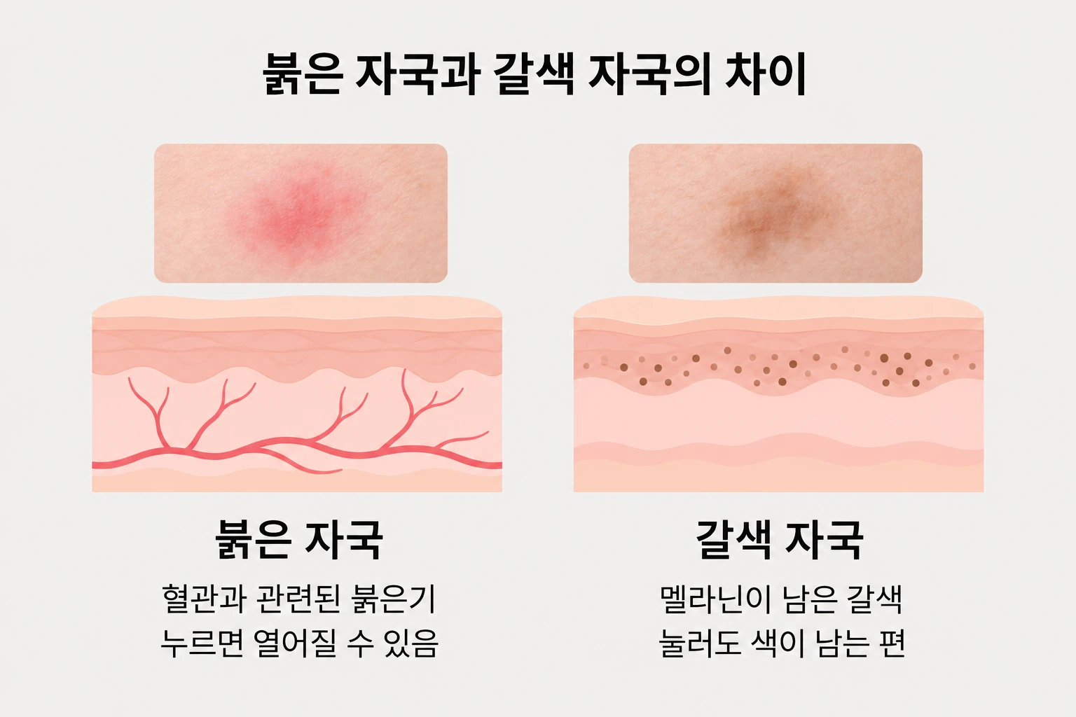 혈관과 관련된 붉은 자국과 멜라닌이 남은 갈색 자국의 차이