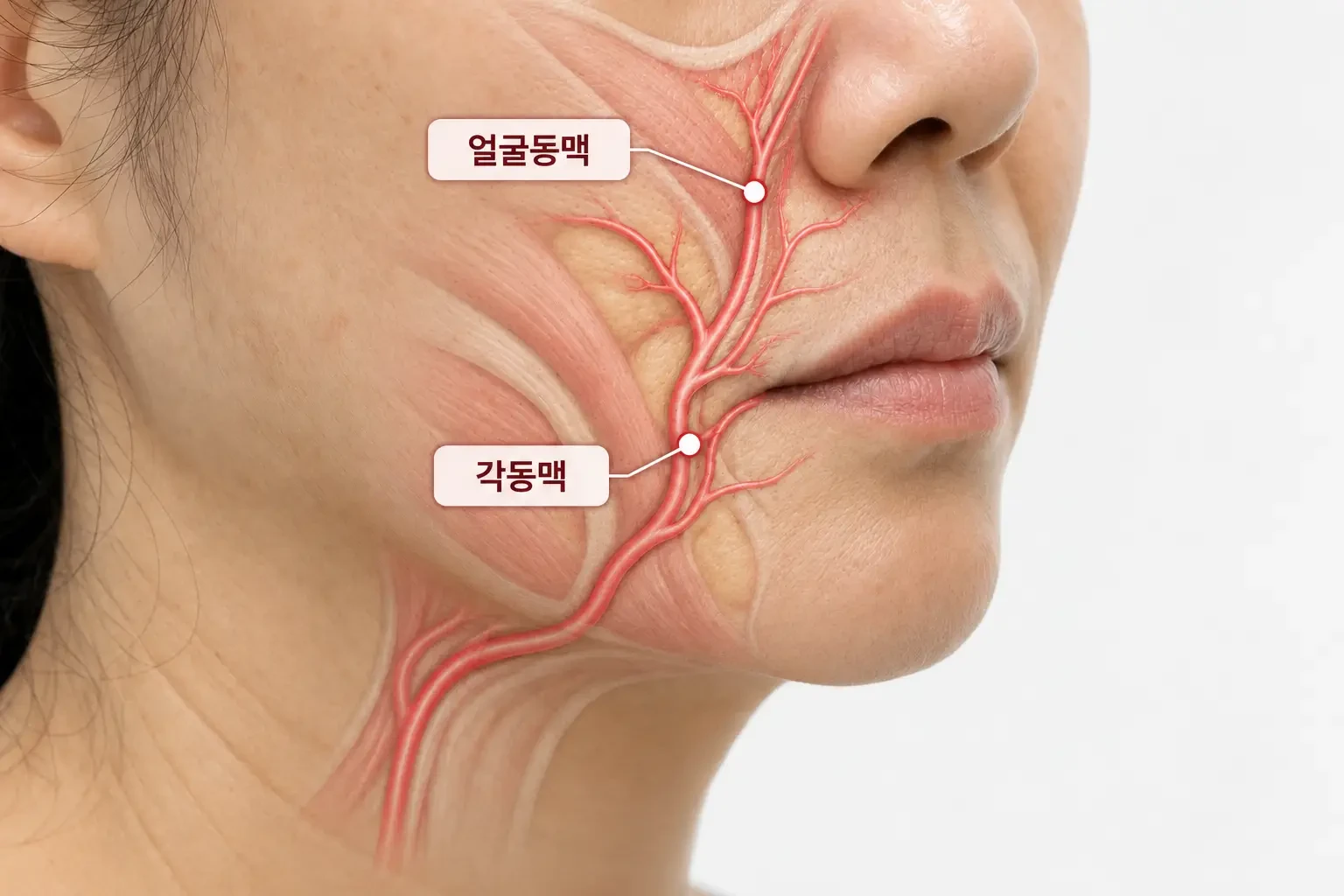 팔자 라인 옆으로 얼굴동맥과 각동맥이 지나는 경로를 선으로 표시한 코 아래 하관 크롭 사진