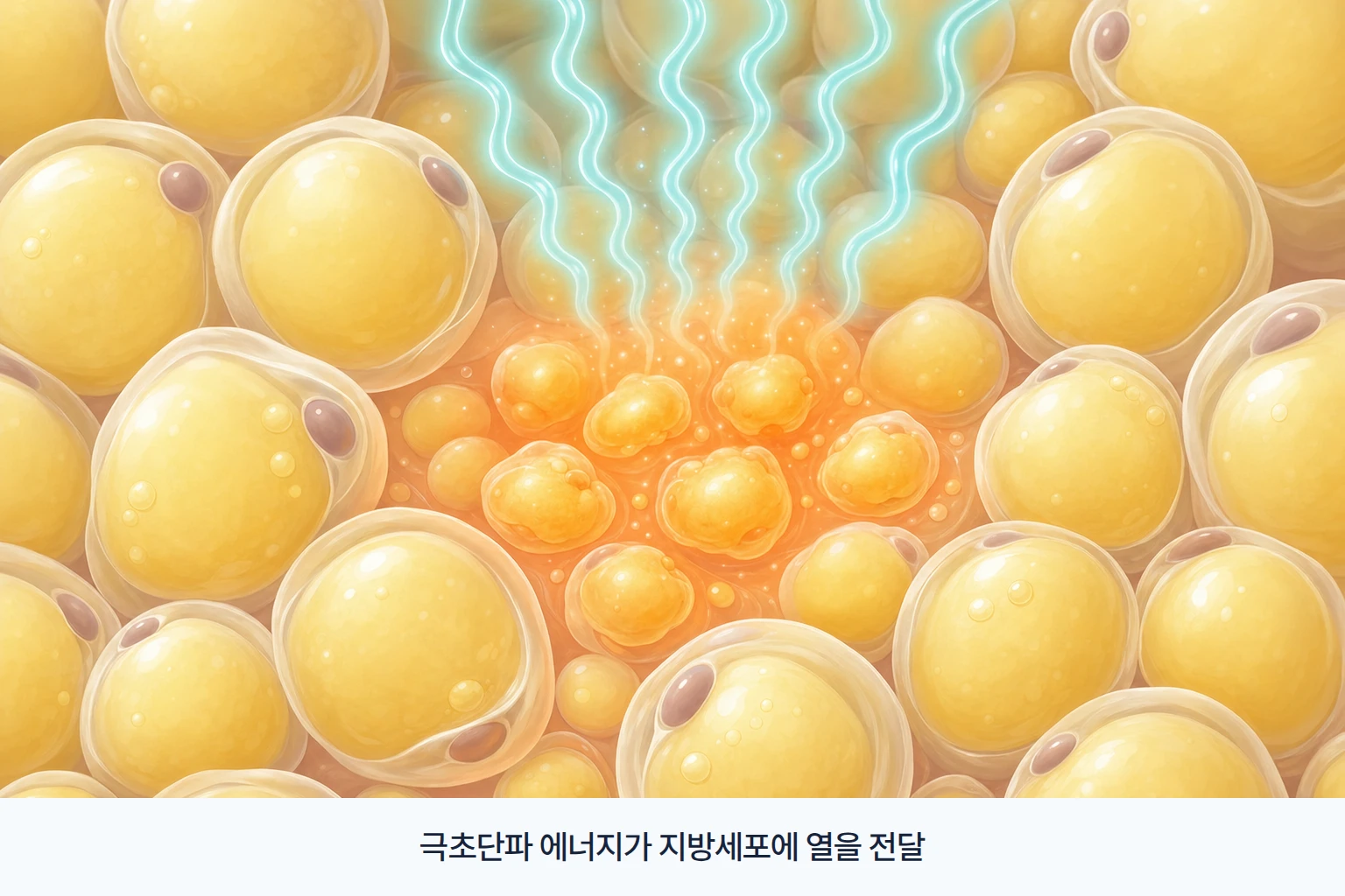 온다의 극초단파 에너지가 피하지방층의 지방세포에 열을 전달하는 모습을 확대해 표현한 개념도