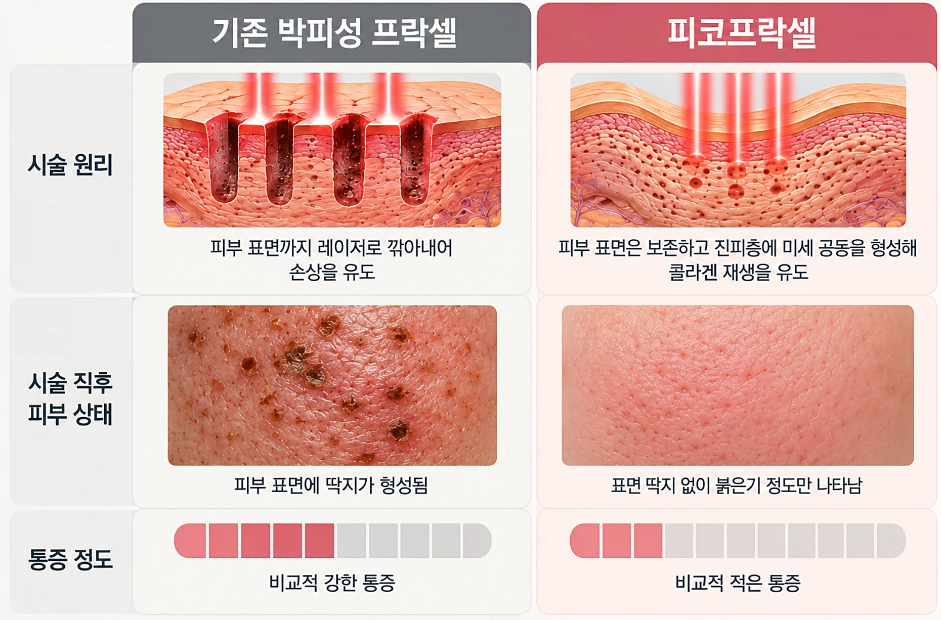 기존 박피성 프락셀과 피코프락셀의 통증 차이를 나타낸 인포그래픽 비교표