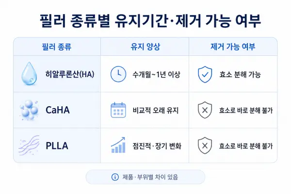 히알루론산 CaHA PLLA 필러별 유지기간과 효소 분해 가능 여부 비교