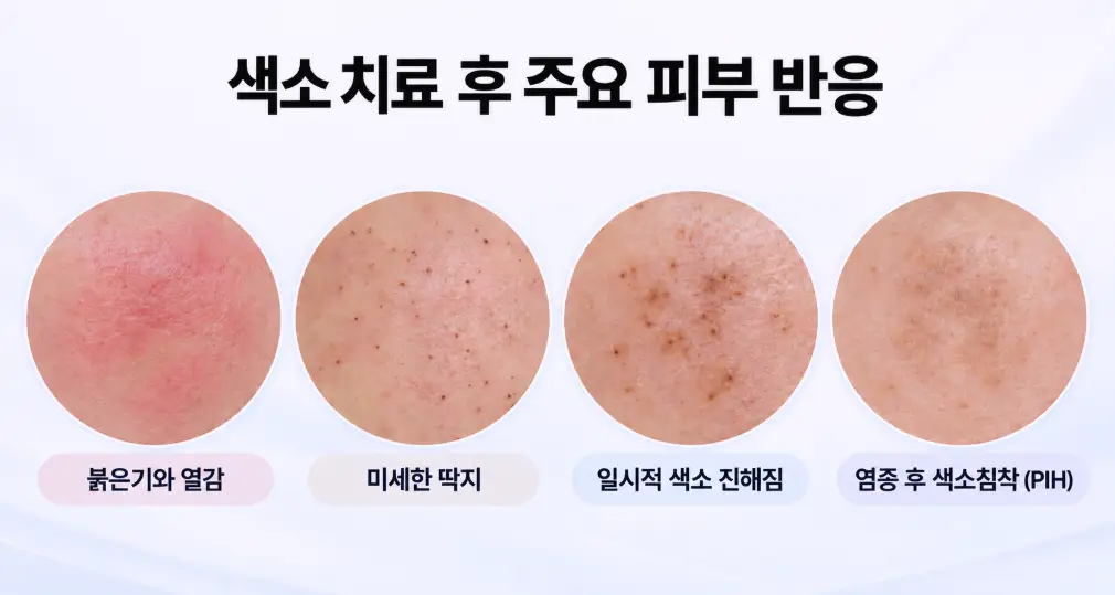 색소 레이저 치료 후 나타나는 붉은기와 열감, 미세한 딱지, 일시적 색소 진해짐, 염증 후 색소침착(PIH) 피부 반응 비교