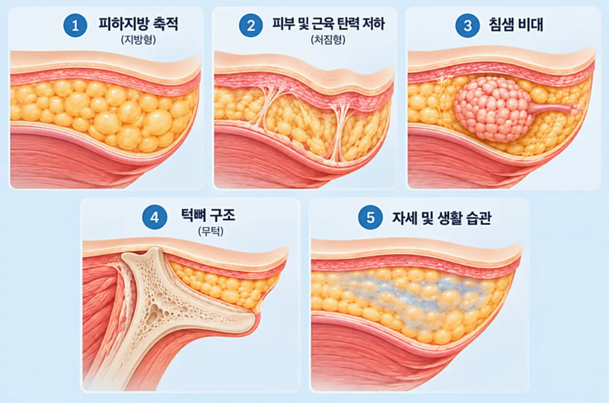 턱밑살 생기는 이유 5가지 비교 인포그래픽, 피하지방 축적, 피부 및 근육 탄력 저하, 침샘 비대, 무턱 골격 구조, 자세 및 생활 습관에 따른 턱밑 조직 변화 단면도