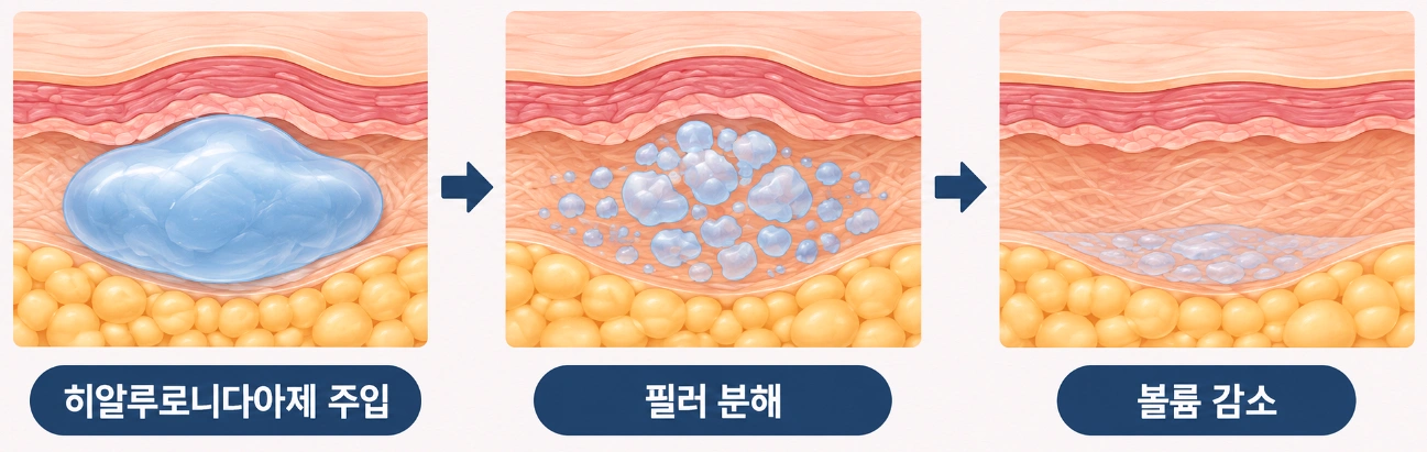 히알루로니다아제 주입 후 필러가 분해되고 볼륨이 감소하는 원리를 3단계로 설명한 피부 단면도