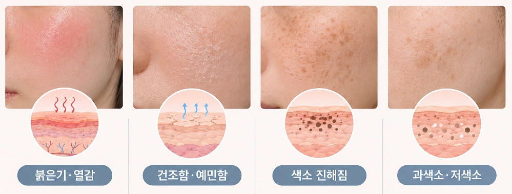 붉은기·건조함·색소 진해짐·과색소침착 등 기미 치료 후 피부 상태를 보여주는 이미지