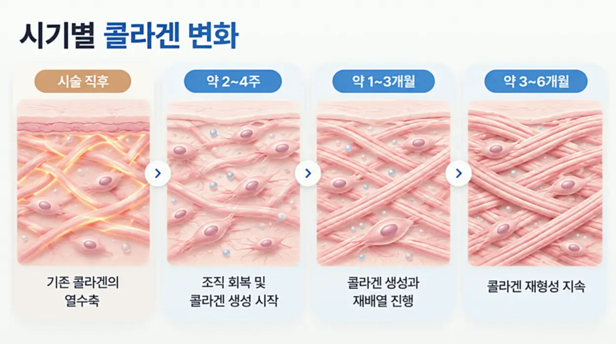 올타이트 리프팅 시술 직후부터 2~4주, 1~3개월, 3~6개월까지 콜라겐 열수축과 생성, 재배열 과정을 단계별로 나타낸 피부 조직 변화 인포그래픽.