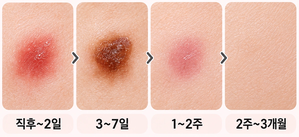 검버섯 레이저 치료 직후부터 딱지 형성, 탈락, 피부 회복까지 시기별 변화를 나타낸 이미지