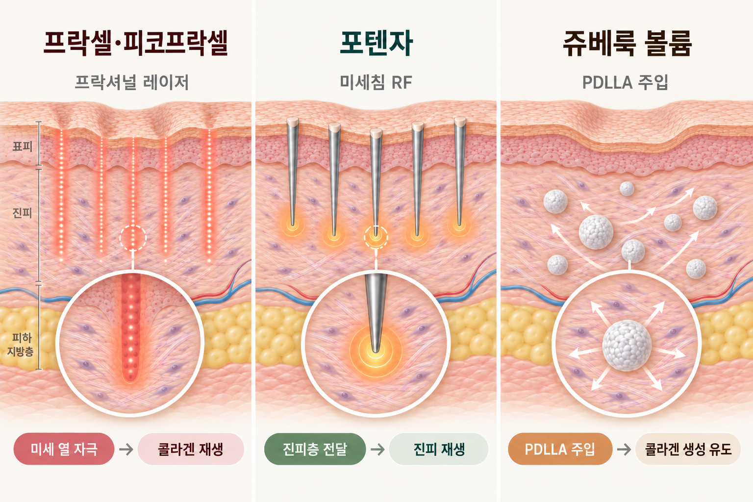 패인 흉터 치료에 사용하는 프락셀 피코프락셀 포텐자 쥬베룩 볼륨의 작용 방식 비교