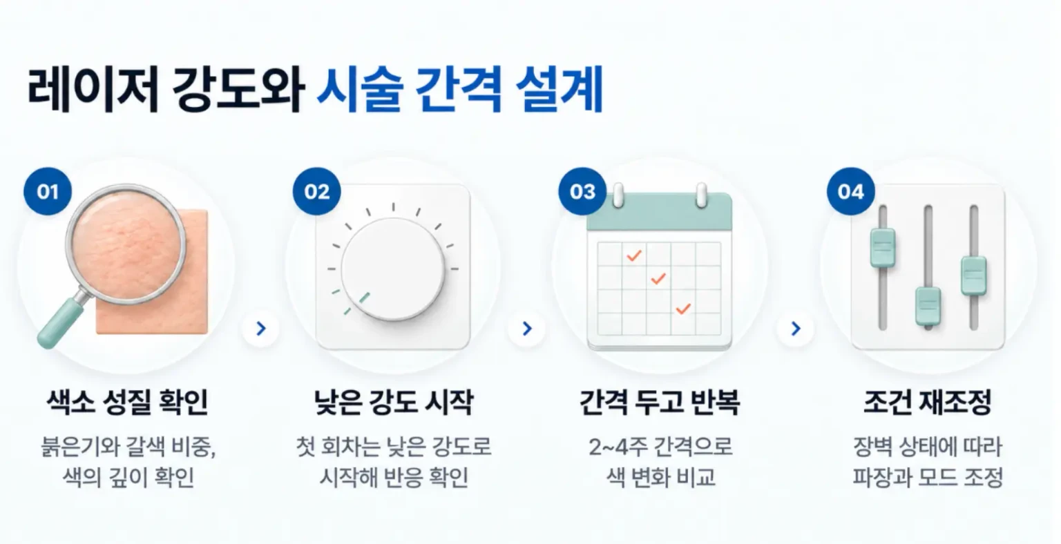 색소 성질 확인, 낮은 강도 시작, 간격 반복, 조건 재조정 순서를 정리한 회차 운용 흐름