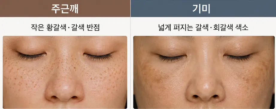주근깨와 기미의 색소 분포 차이를 보여주는 사진