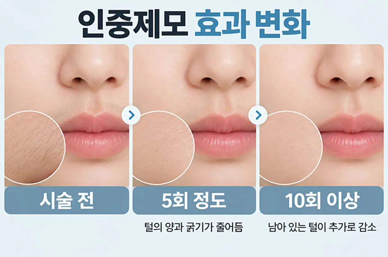 여자 인중제모 시술 전과 5회, 10회 이상 시술 후 인중 털의 양과 굵기가 줄어드는 효과 변화를 비교한 이미지
