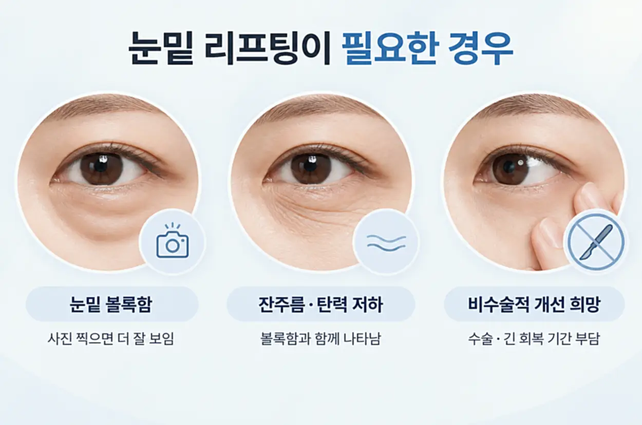 눈밑 리프팅이 필요한 경우 3가지를 나타내는 이미지