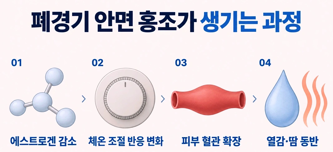 폐경기 에스트로겐 감소와 체온 조절 반응 변화로 안면홍조와 열감이 발생하는 과정