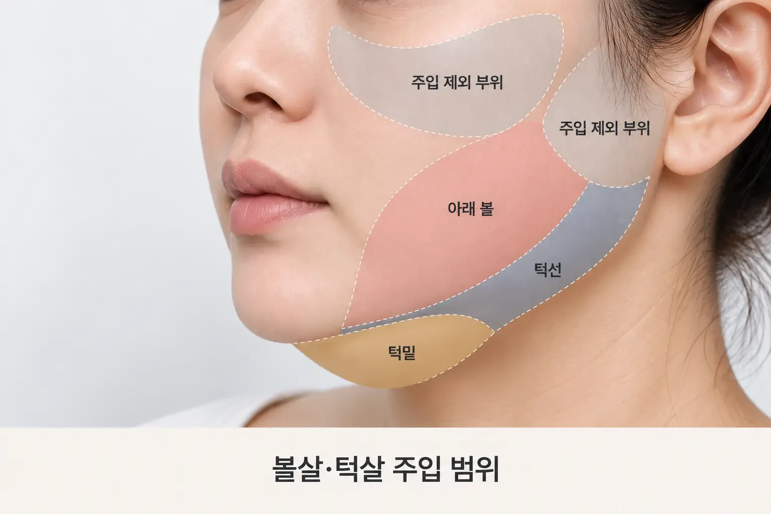 아래 볼, 턱선, 턱밑으로 이어지는 주입 범위와 비워 두는 볼 위쪽을 구분한 윤곽주사 카드 이미지