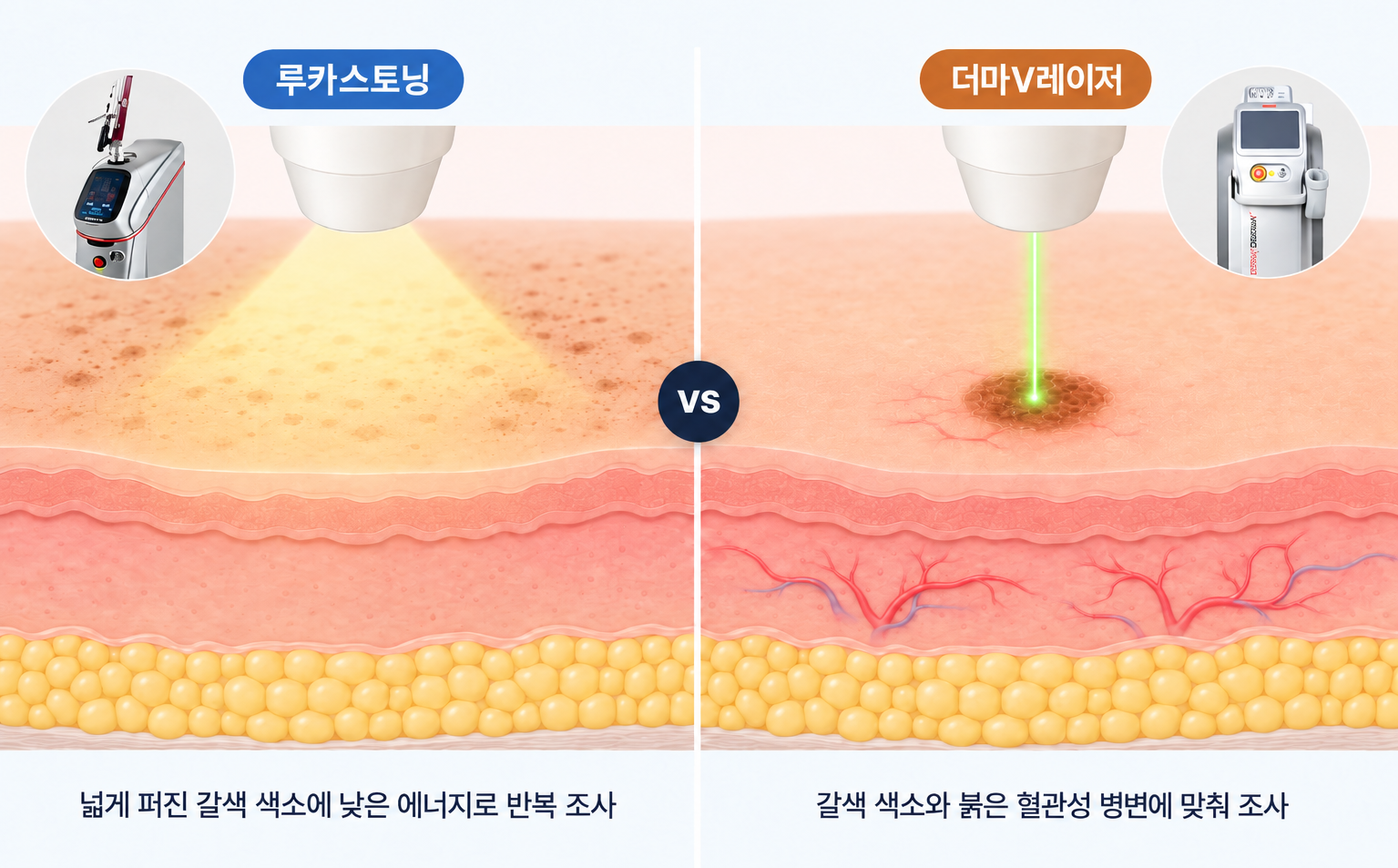 루카스토닝의 넓게 퍼진 갈색 색소 저출력 조사와 더마V레이저의 갈색 색소·붉은 혈관성 병변 대상 조사를 장비와 피부 단면으로 비교