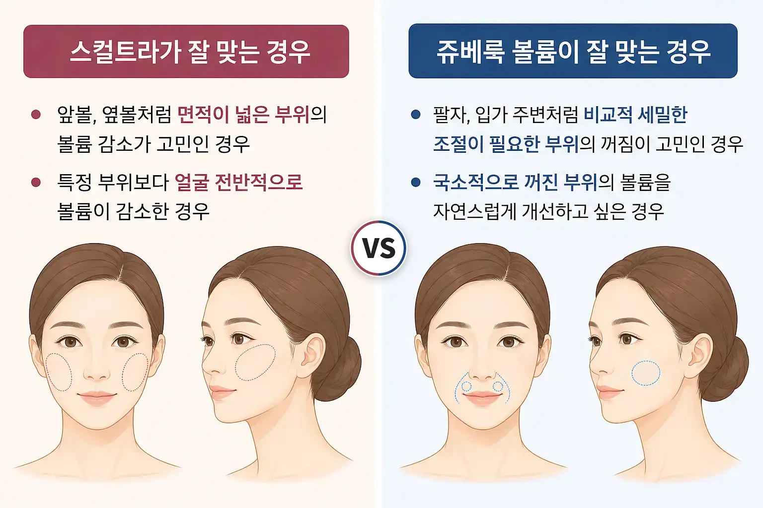 구로피부과_ 스컬트라와 쥬베룩 볼륨의 적용 부위와 선택 기준 비교