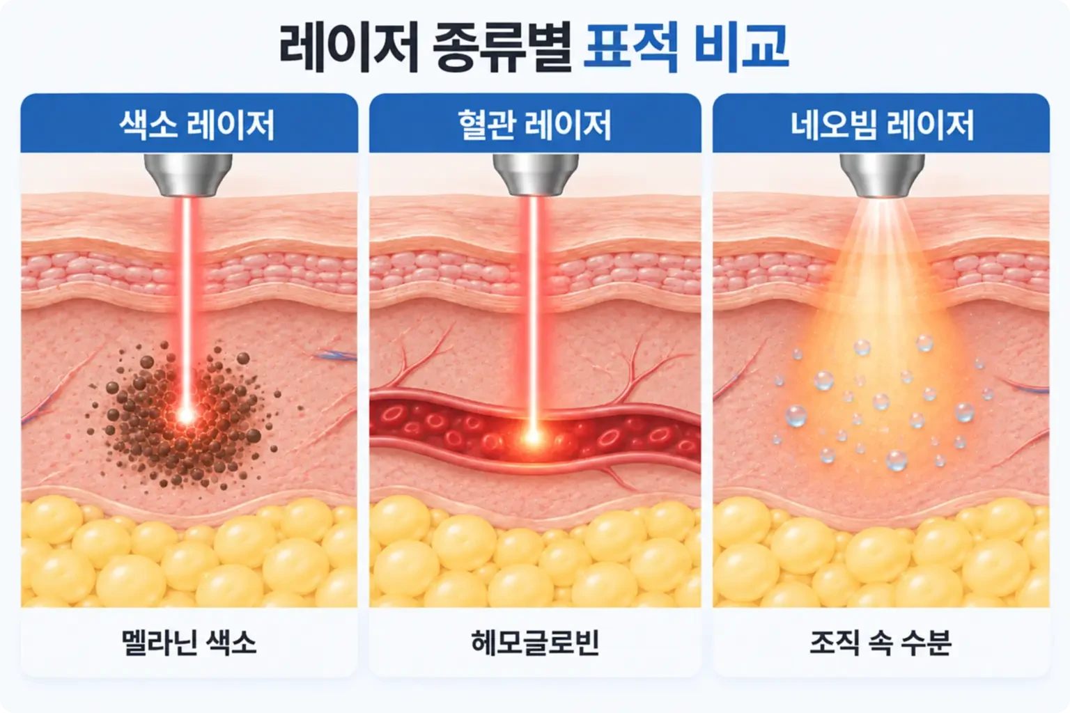 멜라닌 색소, 혈관 속 헤모글로빈, 조직 수분에 레이저가 흡수되는 모습을 비교한 개념 일러스트
