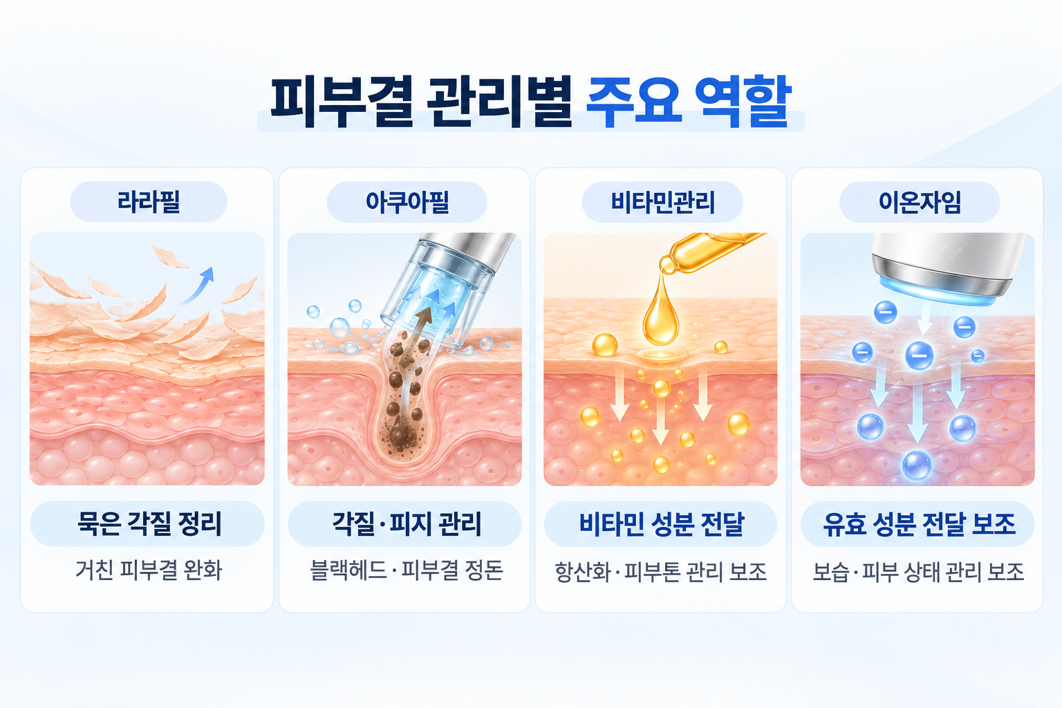 라라필 아쿠아필 비타민관리 이온자임의 피부결 관리 역할을 비교한 구성