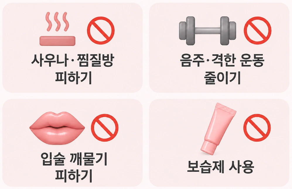 입술필러 시술 후 사우나·찜질방, 음주·격한 운동, 입술 깨물기, 보습제 사용에 관한 주의사항 인포그래픽