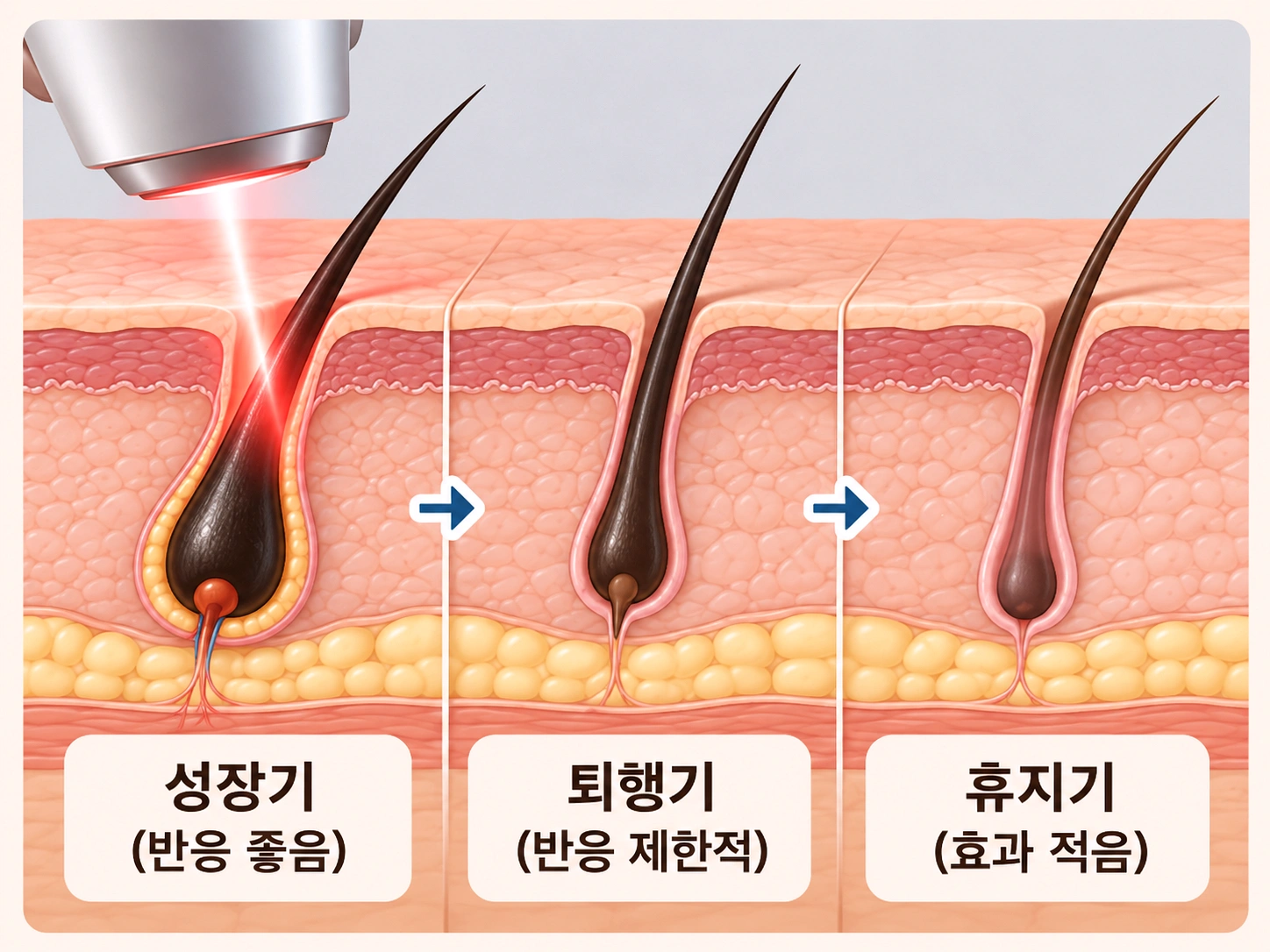 레이저가 모낭에 열에너지를 전달한 후 털의 재성장이 억제되는 과정을 나타낸 피부 단면도