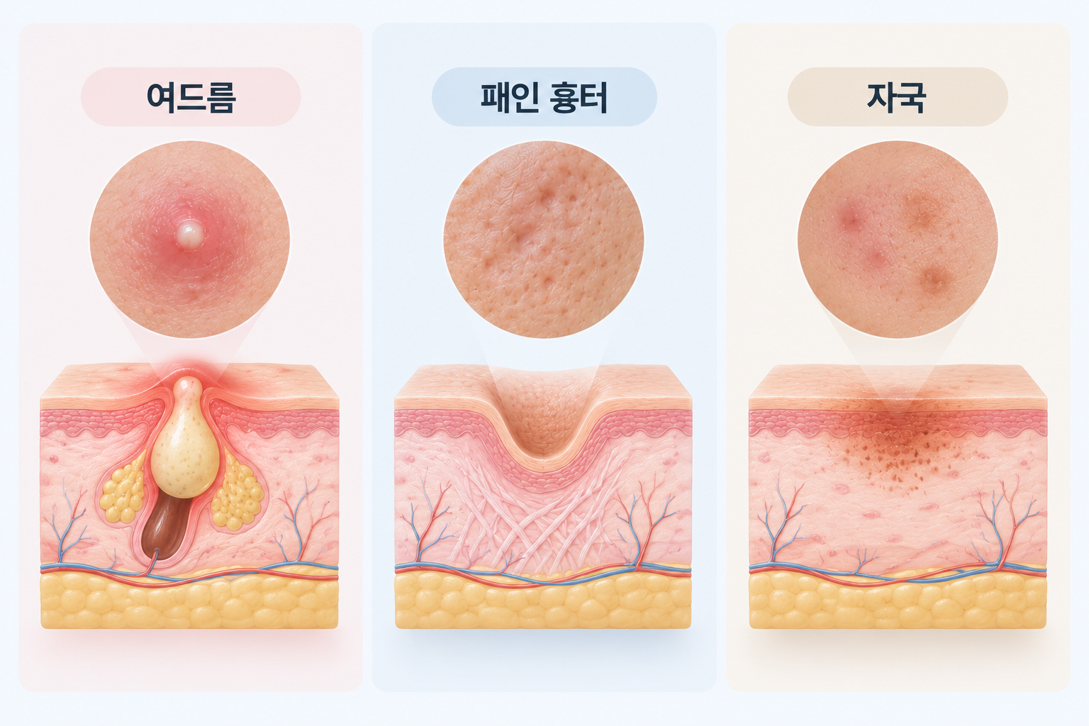 진행 중인 여드름, 패인 여드름흉터, 여드름 자국의 피부 상태 차이 비교