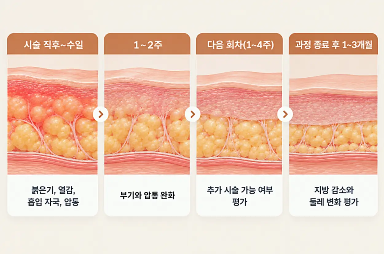 바디 인모드 FX 시술 직후부터 1~2주, 다음 시술 및 과정 종료 후 1~3개월까지 피부 반응과 피하지방층 변화, 지방 감소 효과를 나타낸 4단계 일러스트