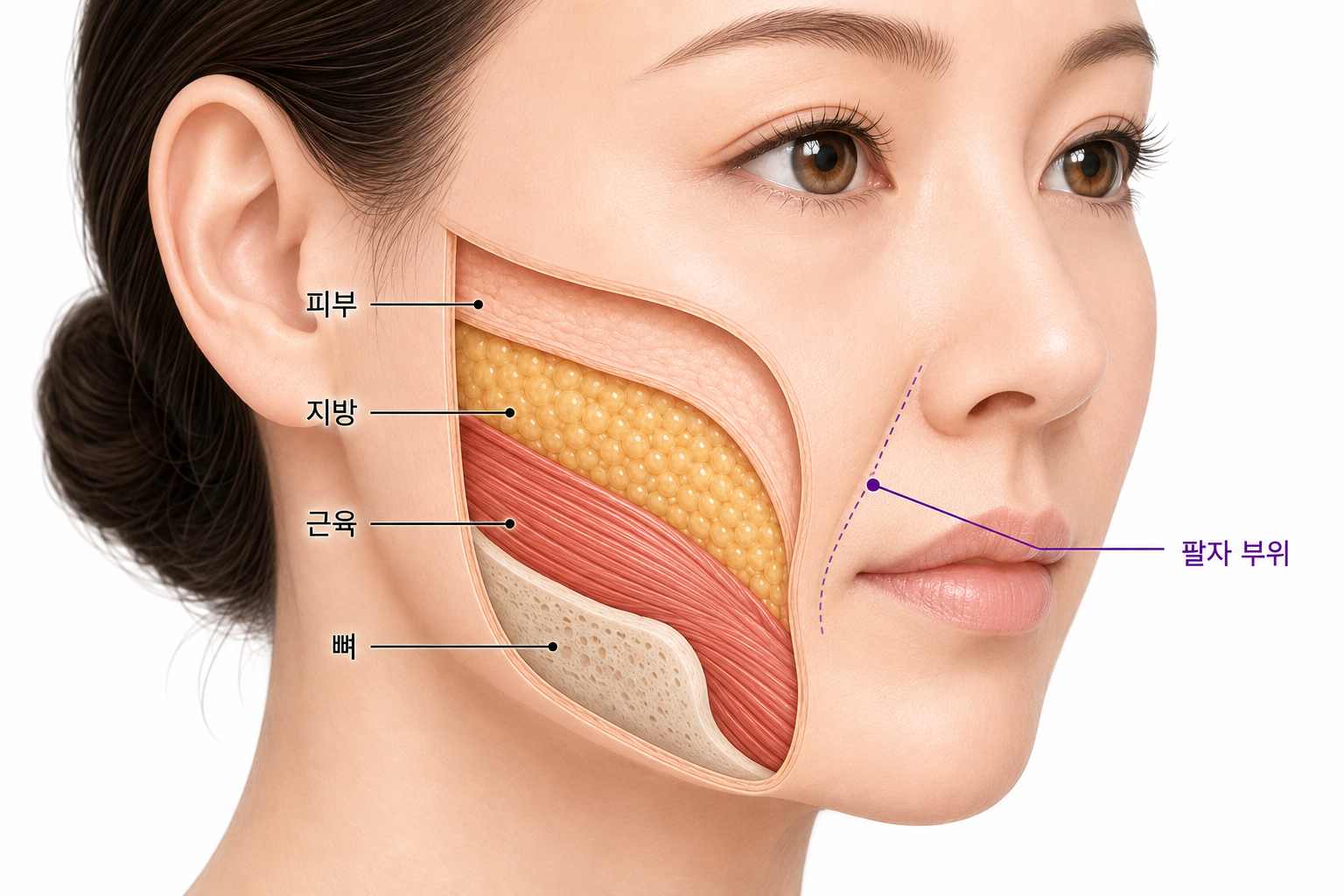 코 옆 팔자 부위와 피부 지방 근육 뼈의 안면 해부 구조