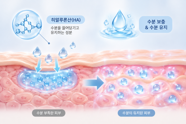 히알루론산이 피부 속 수분을 끌어당겨 보충하고 유지하는 진피층 원리