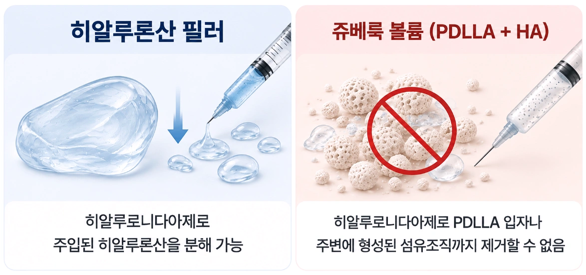 히알루론산 필러와 쥬베룩 볼륨의 성분 차이 및 히알루로니다아제에 의한 분해 가능 여부를 비교한 인포그래픽