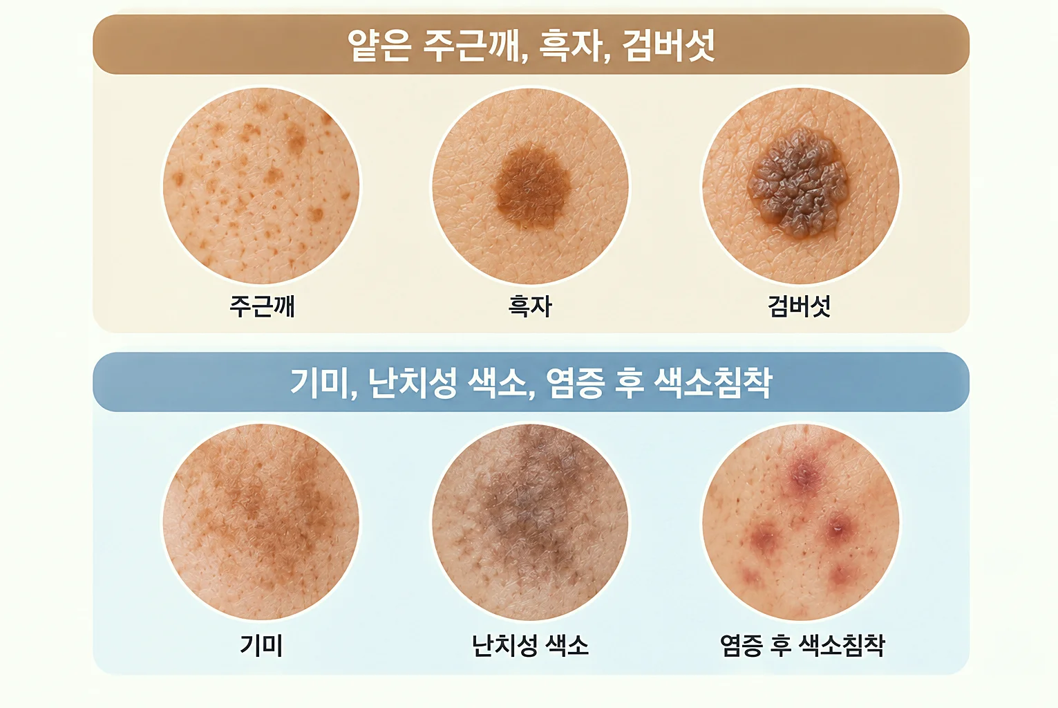 피부 색소 질환 한눈에 보기-주근깨 흑자 검버섯 기미 난치성색소 염증 후 색소침착 비교
