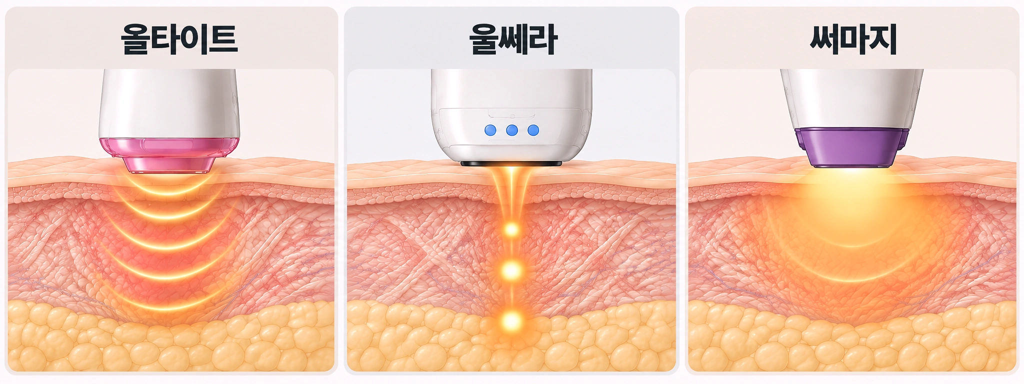 올타이트·울쎄라·써마지의 에너지 전달 방식과 피부 작용 차이를 비교한 인포그래픽