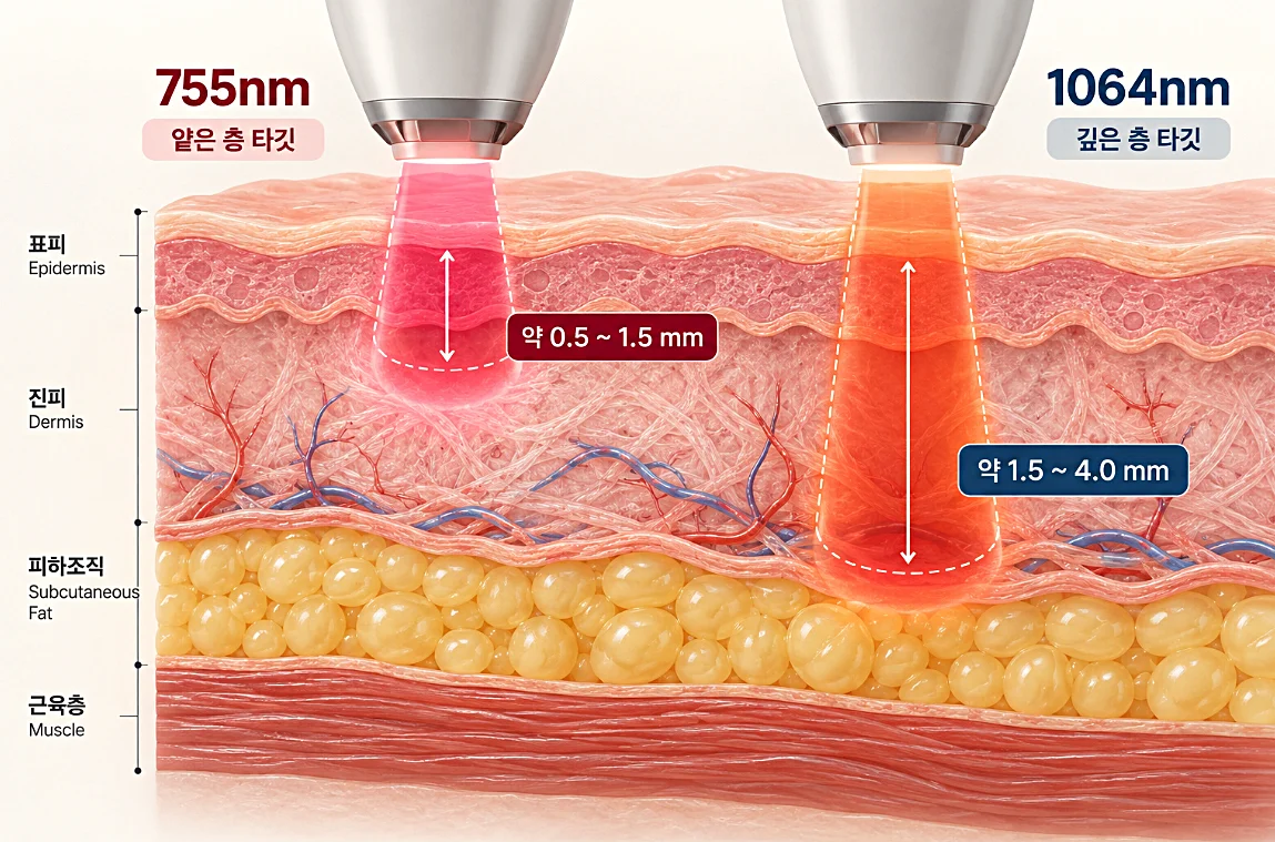 레이저 제모 755nm 파장 1064nm 파장 피부층 타깃 깊이 차이 비교
