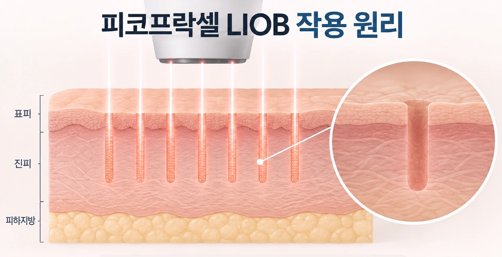표피를 지나 진피에 미세 공간을 만드는 피코프락셀 레이저의 LIOB 작용 원리를 나타낸 단면도