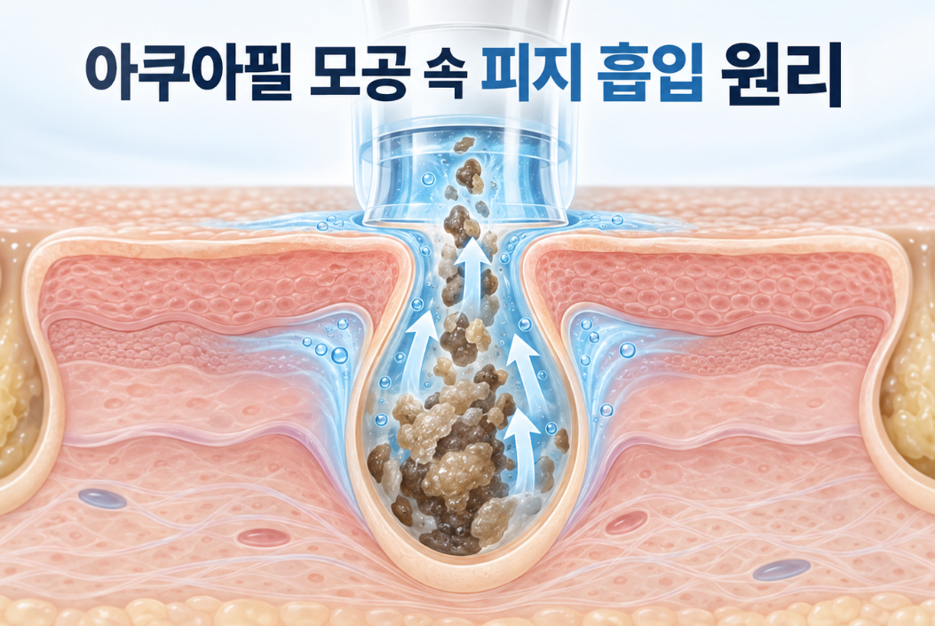 아쿠아필 흡입 팁이 모공 속 피지 덩어리를 끌어내는 과정을 확대한 원리 일러스트