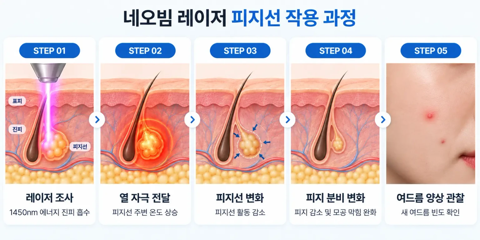 레이저 조사부터 피지선 변화, 피지 분비 감소, 여드름 양상 관찰까지 단계별로 나타낸 흐름 이미지