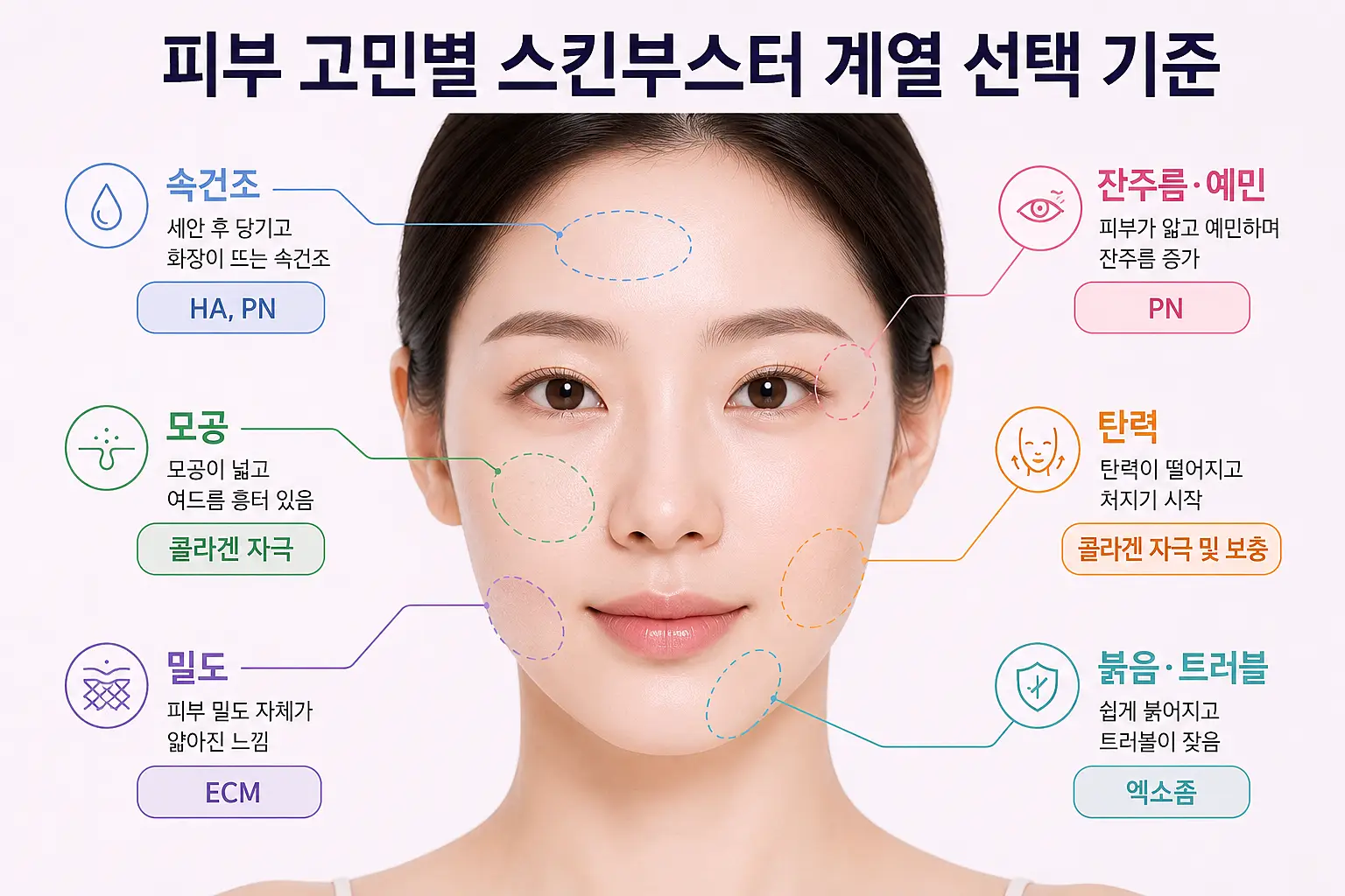 피부 고민별 스킨부스터 계열 선택 기준 - 속건조 모공 탄력 밀도 잔주름 트러블
