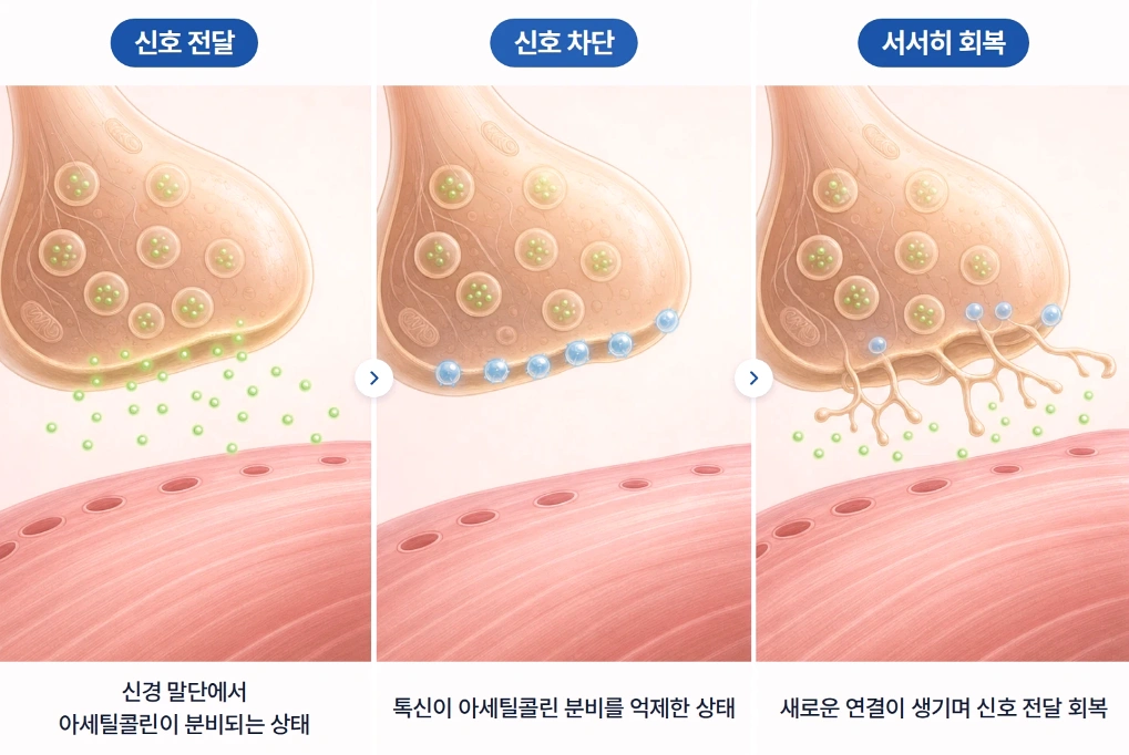 스킨보톡스 작용 원리를 신경 말단의 아세틸콜린 분비와 신경·근육 간 신호 전달 변화를 통해 설명한 3단계 피부·근육 단면도 인포그래픽