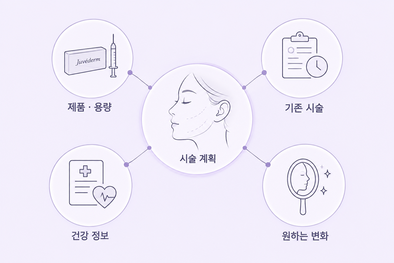 쥬비덤 필러 시술 전 제품과 용량, 기존 시술 이력, 건강 정보, 원하는 변화를 확인하는 시술 계획 도식