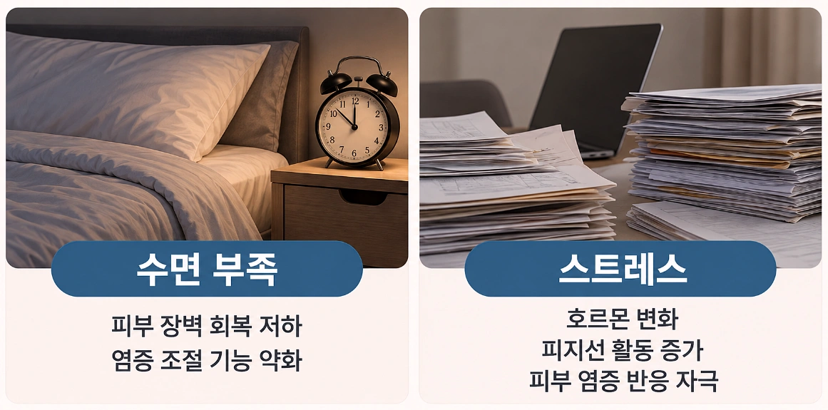 수면 부족과 스트레스가 피부 장벽 및 염증 반응에 미치는 영향을 비교한 이미지