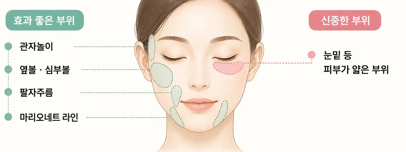 쥬베룩 볼륨 효과를 고려할 수 있는 부위와 주의가 필요한 부위