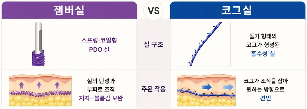 잼버실과 코그실의 실 구조와 조직에 작용하는 방식 차이