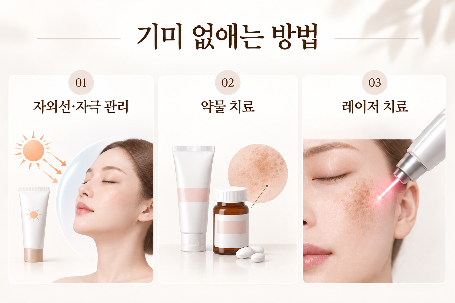 기미 없애는 방법으로 자외선과 자극 관리, 약물 치료, 레이저 치료를 정리한 구성